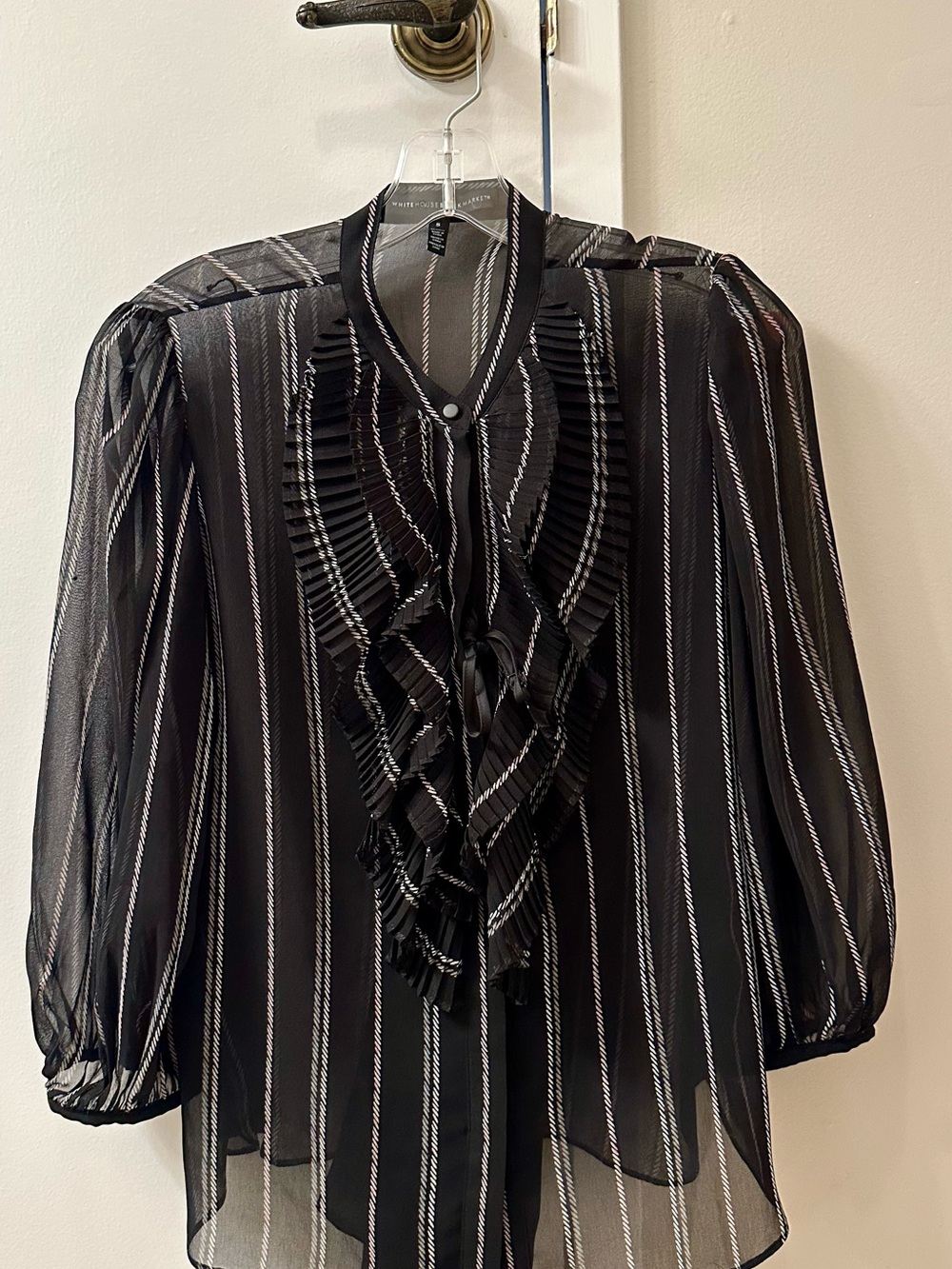 White House Black Market 2 pieces Black Sheer Stripe Ruffle Tie Blouse